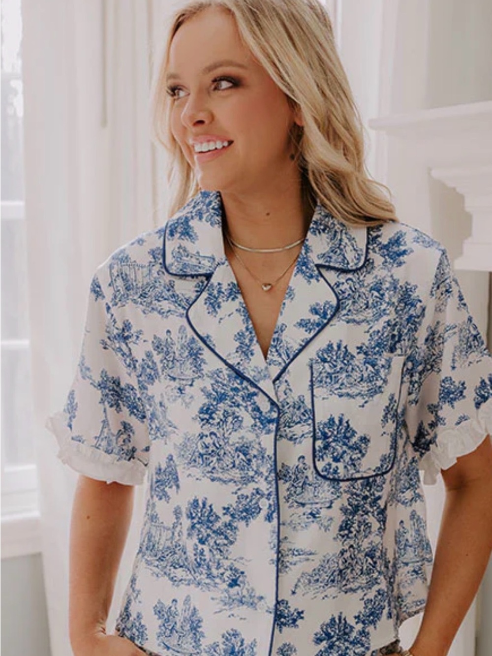 New Women's Blue Toile Short Pajama Set SZ MD - Picture 3 of 12